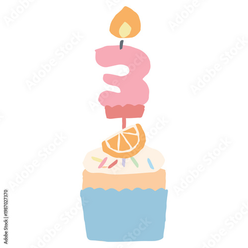 ふわふわパステルバースデー｜3歳の数字ロウソク付きカップケーキ 誕生日 幼稚園・保育園向けイラスト
