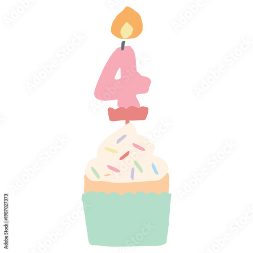 ふわふわパステルバースデー｜4歳の数字ロウソク付きカップケーキ 誕生日 幼稚園・保育園向けイラスト