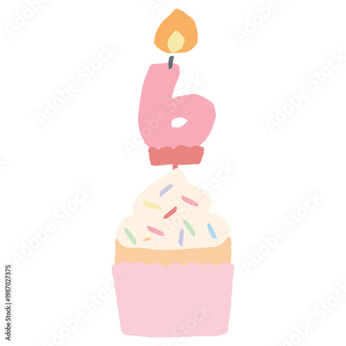 ふわふわパステルバースデー｜6歳の数字ロウソク付きカップケーキ 誕生日 幼稚園・保育園向けイラスト