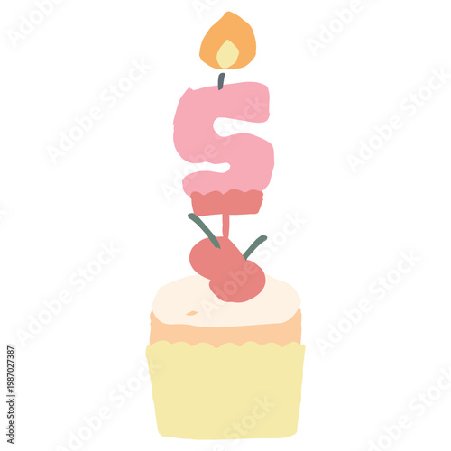 ふわふわパステルバースデー｜5歳の数字ロウソク付きカップケーキ 誕生日 幼稚園・保育園向けイラスト