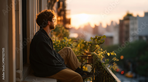 Golden hour silhouette of a lone male content creator sitting on a fire escape surrounded by dead plants and a blank ring light, creative burnout concept, urban apartment exterior, social media fati
