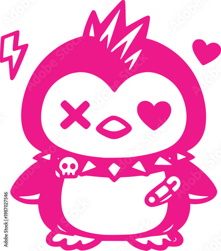 Cute Pink Cartoon Penguin with Spiky Hair and Heart Eyes