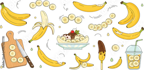 Banana fruit vector illustration set with whole peeled sliced banana pieces dessert bowl smoothie drink cutting board knife and fresh elements isolated on white background.