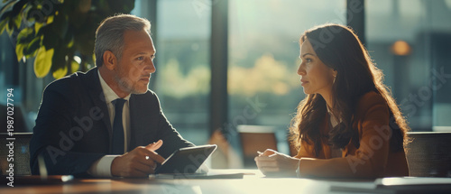 A mature man in a suit and a woman in an orange jacket are discussing a tablet in an office, demonstrating a partnership, and serving as the main backdrop for business or negotiations.