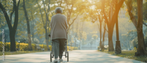 An elderly woman with grey hair, walking slowly along a park path with a walking frame, conveys a sense of calm and provides an atmospheric backdrop for thoughts of care or maturity.