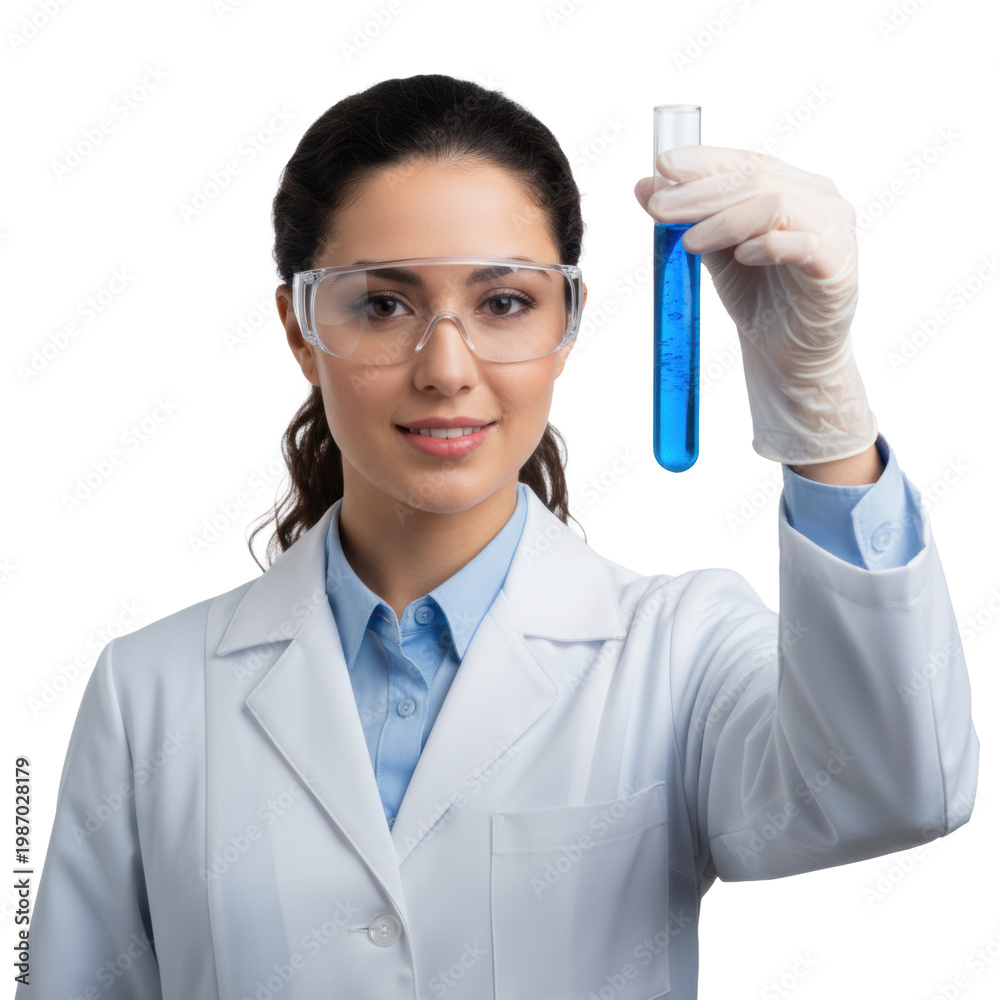 Fototapeta premium Young female scientist in a lab coat and safety goggles holding a glowing blue test tube in a sterile laboratory, bright clinical innovation atmosphere