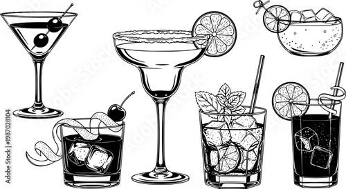 Assorted cocktails collection vector black and white illustration. Various drinks in different glasses with garnishes.
