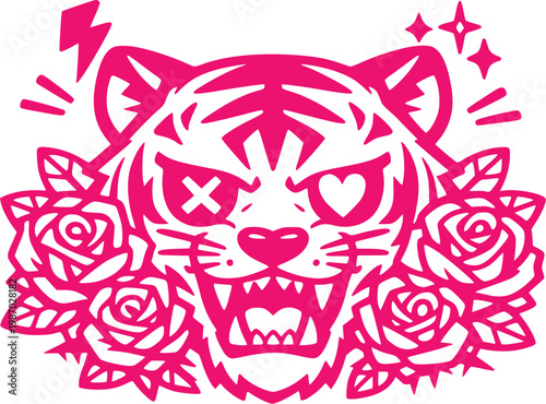 Fierce Pink Tiger with Roses and Lightning Bolts Illustration