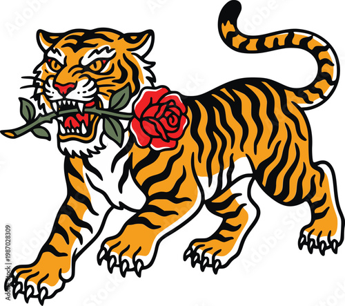 Tiger holding a red rose in its mouth aggressively