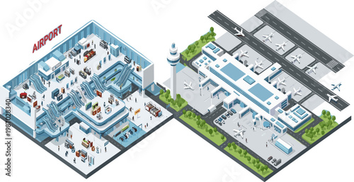 Airport Terminal Operations and Logistics Isometric Illustration with Passenger Check In, Security Screening, Baggage Handling, Runway, Aircraft, and Transportation Infrastructure System