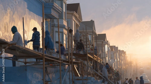 Residents of all ages painting a mural on shared co-op building exterior wall, scaffolding, early morning mist on street, communal ownership pride, cooperative housing community, shared equity model