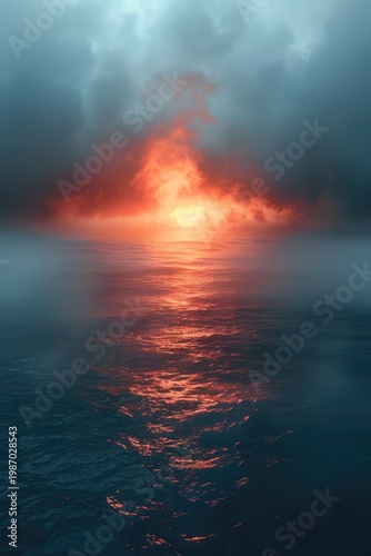Dramatic ocean sunset with glowing horizon and dark storm clouds