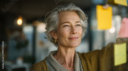 Elderly woman with silver-streaked hair arranges color-coded sticky notes on a sunlit kitchen window, building a handwritten brand voice consistency guide, surrounded by herbal tea and reading glass