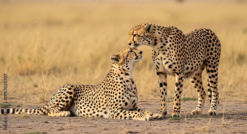 Obraz premium Two cheetahs in an African savanna, one grooming the other, golden grass backdrop