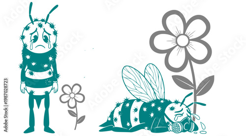 Set of sick cartoon bees covered with virus particles including one in a gas mask