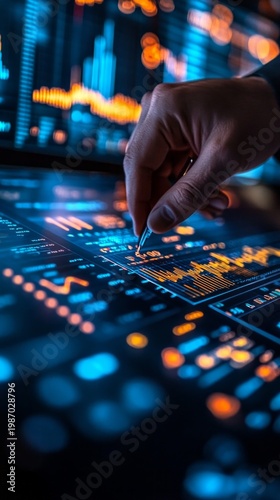 An analyst’s hand, holding a pen, touches a screen displaying financial charts, conveying a sense of focus and serving as the central backdrop for business or investment.