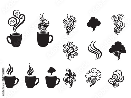 Set of coffee steam and aroma icons with hot drink silhouette abstract beverage fragrance illustration collection restaurant aromatic fragrant
