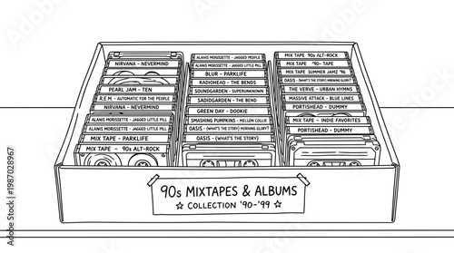 Nostalgic collection of 90s mixtapes and albums in a cassette tape storage box