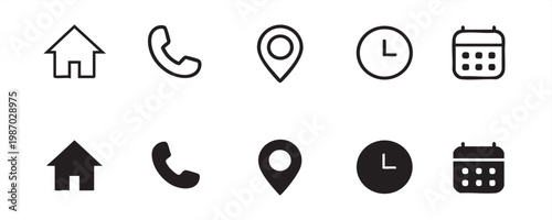 Set of 5 website navigation icons: home phone location clock calendar with navigation telephone location calendar interface business information minimalist collection vector illustration.
