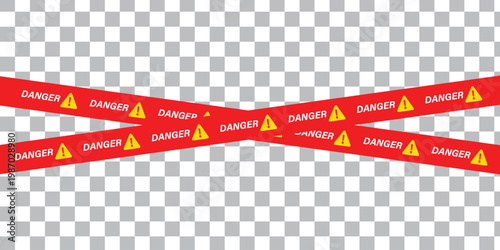 A pair of red danger tapes with yellow warning signs on a transparent background with gray and white checkered pattern
