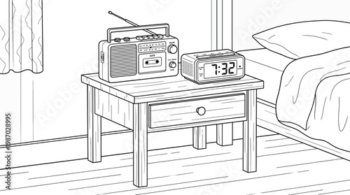bedside table with alarm clock and radio, morning routine and wake up concept