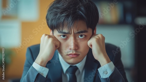 A young Asian man in a suit, resting his fists on his cheeks, conveys a sense of weariness and appears to be a victim of stress or the pressures of his career.