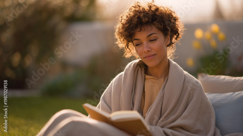 Content creator burnout recovery morning — a young multiracial woman sitting in a sunlit spring garden wrapped in a blanket, phone face-down on the grass, sketchbook open to blank pages, intentional
