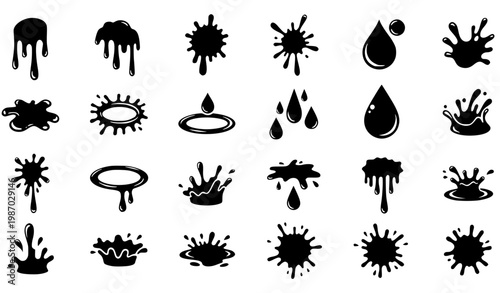 Blue Liquid Splash and Droplet Icon Set Vector Ink Blot Paint Drip Blob Shapes Collection