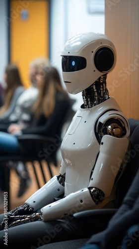 A robot in a white casing sits amongst the people in the waiting room, heralding the future and serving as the main backdrop for technology or recruitment.