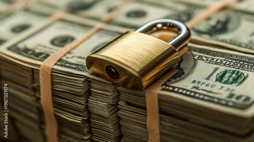 A golden castle perched atop stacks of dollar bills conveys a sense of security and makes the perfect backdrop for finance or security.