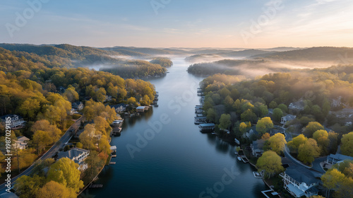Aerial overview of lakefront properties separated by narrow wooded lots, dock structures visible, property lines implied by fence variations, early morning mist over water, residential waterfront re