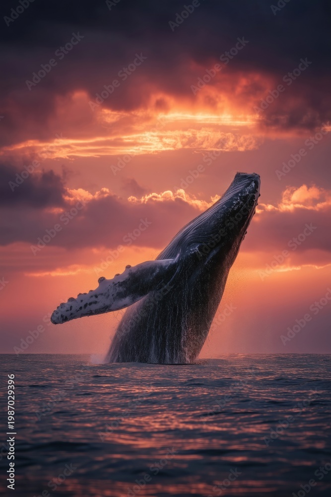Fototapeta premium Humpback Whale Breaching From the Ocean Beneath a Glowing Pink Sunset Sky