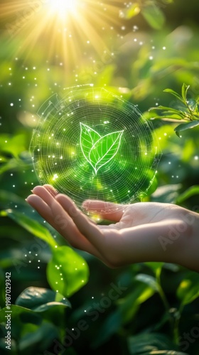 A hand holding a holographic green leaf surrounded by foliage conveys a sense of stability and serves as a backdrop for themes of ecology or energy.