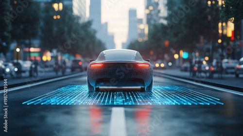 A self-driving car with a digital trail travels along a night-time road, showcasing innovation and providing an atmospheric backdrop for transport or autonomous driving.