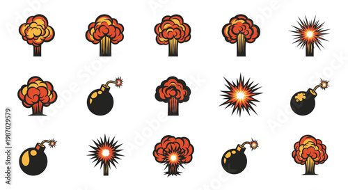 Explosion and Bomb Vector Illustration Set, Cartoon Style War and Destruction Icons for Game Design and Motion Graphics