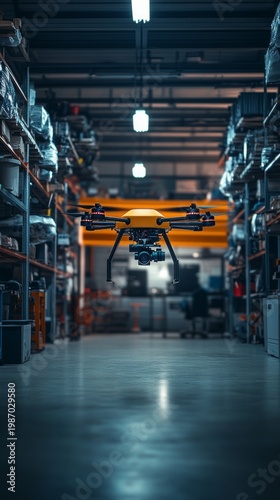 A drone carrying a payload hovers in the middle of a warehouse aisle, conveying a sense of speed and providing an atmospheric backdrop for logistics or delivery.