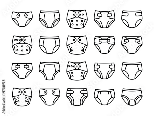 Collection of diaper icons with bodily fluids different types leg cuffs baby care potty training clothing protection absorbent disposable reusable illustration collection patterns