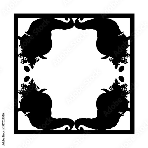 Vintage black silhouette border design featuring a decorative Halloween pumpkin frame with ornate floral element patterns and grunge nature leaf illustrations for a vector banner card