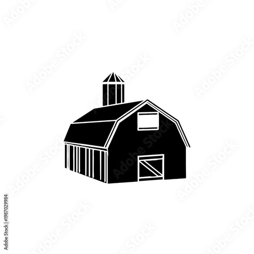 Vector illustration of a rustic barn and silo building with a classic residential roof and door design representing rural estate architecture and farm housing exterior
