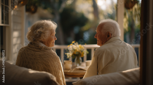 Couple shares quiet breakfast on sunlit porch on Mother's Day morning, handmade card and wildflower bouquet on table, soft warm light through screen door, representing Mother's Day morning tradition