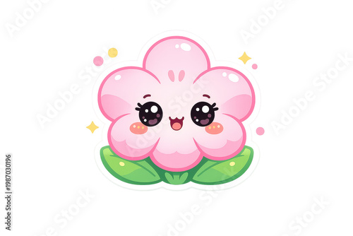 Cute spring flower character sticker with pastel petals, smiling face, and fresh seasonal colors, playful kawaii illustration for decoration and branding

