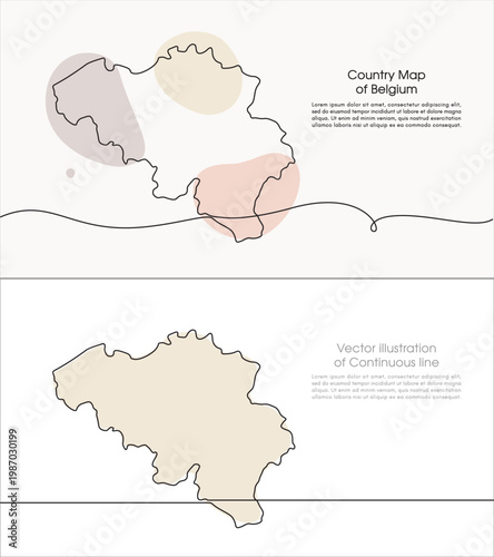 Continuous line drawing of Belgium map. Map design for Education, Travel between cities in Belgium, infographics, Science, Web Presentations. Belgium map concept with soft pastel colors doodle style.