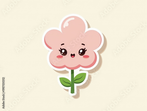 Cute spring flower character sticker with pastel petals, smiling face, and fresh seasonal colors, playful kawaii illustration for decoration and branding

