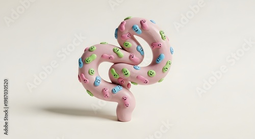 Cute Microbiome Bacteria, Gut Health Concept, Pink Intestine Model with Cartoon Germs
