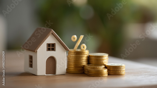 Miniature house figurines arranged on white surface beside stacked gold coins and small percentage signs cut from paper, REIT concept still life, real estate investment trust visualization, passive 
