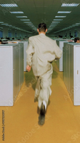 a man wearing an extremely baggy suit running down a long corridor of cubicles