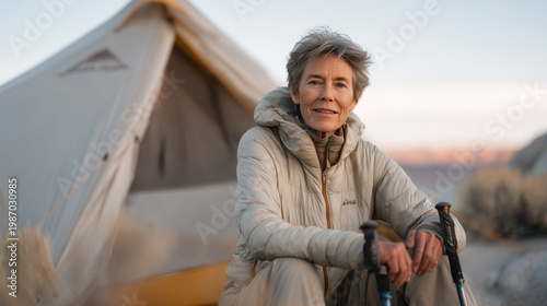 Senior woman with trekking poles adjusts lightweight low-profile camp stool beside accessible tent footprint, modified setup for arthritic hips, veteran camper adapting routine, sixty-plus active ou