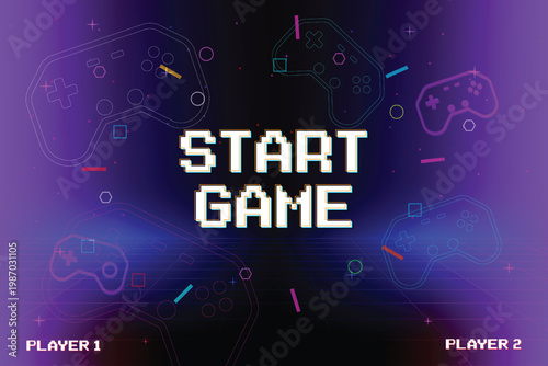START GAME. pixel art 8 bit game. Retro Futurism Sci-Fi Background. glowing neon grid and star from vintage arcade computer games
