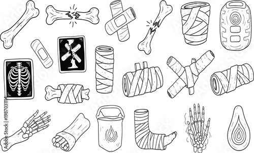 Orthopedic trauma medical icon set with broken bones fractures bandages and xray outline vector collection
