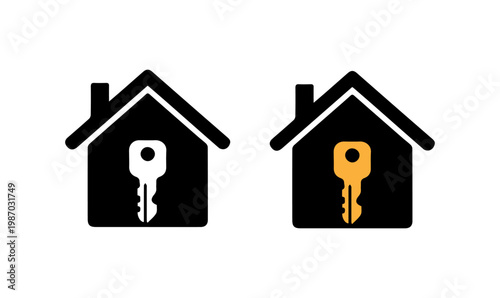 house with key, Real estate house icon with key for property sale, rental, and home security logo.
